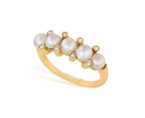 A LATE 19TH CENTURY PEARL AND DIAMOND RINGSet with five button-shaped pearls of cream tint, with rose-cut diamond accents, mo
