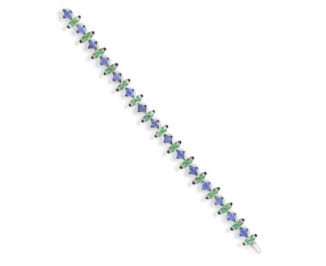 A GEM-SET, ENAMEL AND DIAMOND BRACELETOf alternating design, composed of oval-shaped motifs set with an oval-shaped sapphire,
