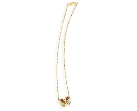A GEM-SET AND DIAMOND PENDANT NECKLACEDesigned as a butterfly, set with pear-shaped pink tourmaline, fancy-shaped blue aquama