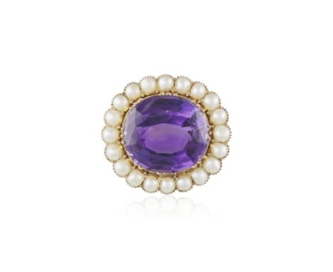 A VICTORIAN AMETHYST AND SEED PEARL BROOCHSet with a cushion-shaped amethyst, within a half seed-pearl surround, mounted in g