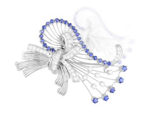 A DIAMOND AND SAPPHIRE BROOCH, CIRCA 1960Of flower spray design, set with single- and brilliant-cut diamonds and circular-cut