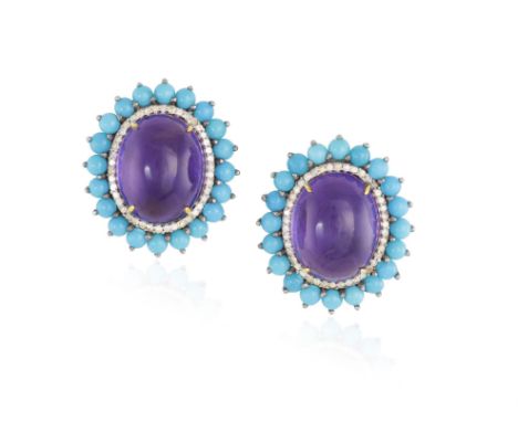 A PAIR OF AMETHYST, TURQUOISE AND DIAMOND EARRINGSSet with a cabochon amethyst, framed by single-cut diamonds, within a caboc