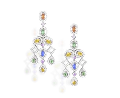  A PAIR OF COLOURED SAPPHIRES AND DIAMOND PENDANT EARRINGSEach of flexible pendant-design, composed of oval- and pear-shaped 