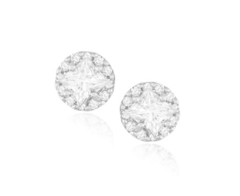 A PAIR OF DIAMOND EAR STUDSEach centring a square-cut diamond, within a brilliant-cut diamond surround, mounted in 18K white 