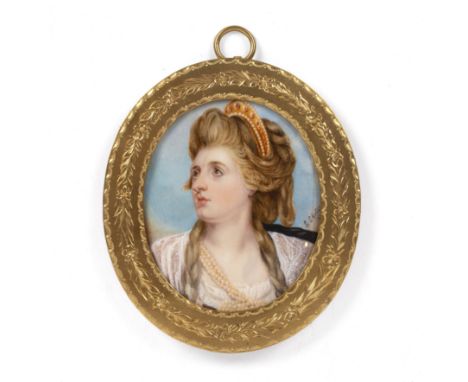 A 19th century English school, miniature oval portrait of Sarah Siddons with plaited hair and pearls, painted on ivory, bears