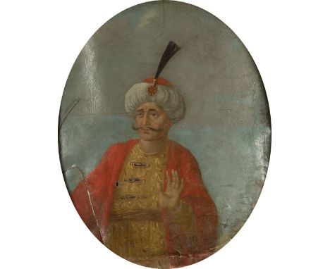 An 18th/19th century Indian school portrait of a gentleman, oil on canvas, 55cm x 45cm mounted in a painted oval frameSignifi