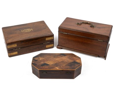 A Regency mahogany tea caddy 25cm wide a rosewood box and a parquetry box 22cm wide.