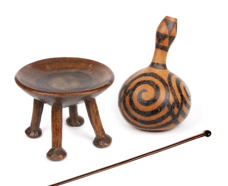 A 19th century African Zulu stick 90cm together with a 19th century African tribal stool 25cm wide 18cm high and a gourd with