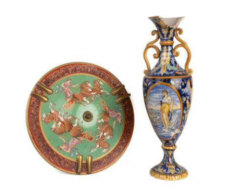 A 19th century Italian majolica vase 41cm high and a possibly wedgwood plafonnier with Greek key decoration 30cm diameter.Dam