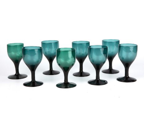 A set of eight Bristol wine glasses circa 1800-1820 7cm wide 12.5cm highAll with good ting/ring sound.Overall appear good and