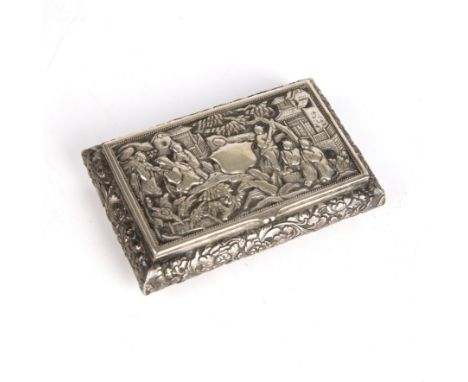 A 19th century silver plated snuff box with chinoiserie embossed decoration, makers mark IC, 10cm wide 6cm deep