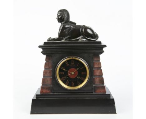 A late 19th century slate mantle clock with a bronze Sphinx, the black dial signed Leroy and Fils, overall 30cm wide 39cm hig