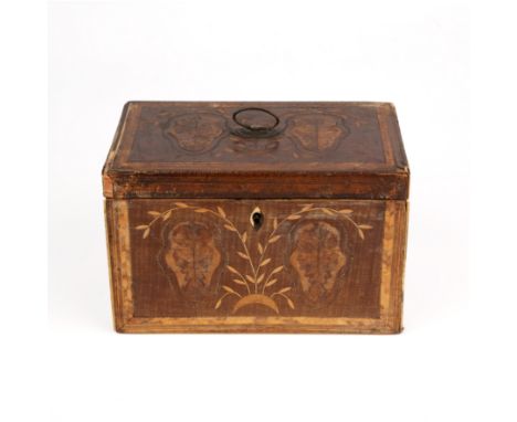 A George III marquetry tea caddy 20cm wide 13cm deep 13cm high (for restoration)