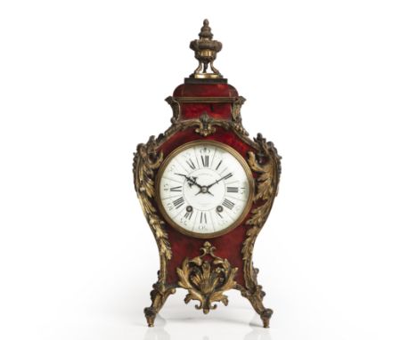 A late 19th century tortoiseshell mantle clock, the white enamel Roman dial with Arabic five minutes signed J.W. Benson Ltd, 