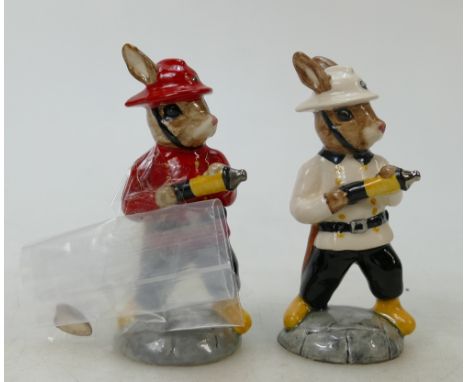 Two Royal Doulton Bunnykins Fireman DB183: Two Fireman figures in different colourways (one white and one red) commissioned b