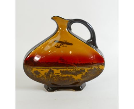 Royal Doulton Kingsware Dewars Aeroplane Flask :Royal Doulton Kingsware Dewars whisky flask decorated with Aeroplane and stea
