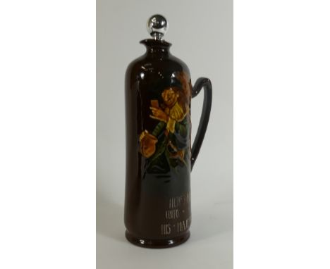 Royal Doulton Kingsware Whisky Flask: Royal Doulton Kingsware Dewars whisky flask Cavalier's "Here's a health unto her majest