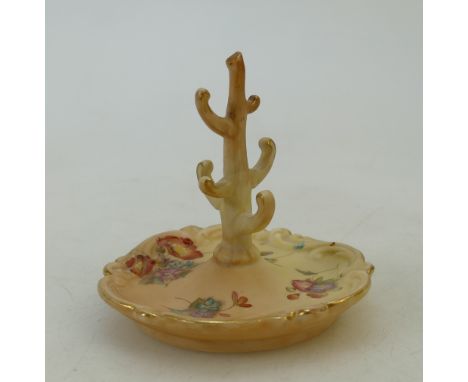 Royal Worcester hand painted Ring Stand: Ring tree, hand decorated on blush ground by Royal Worcester. 9cm x 9cm high.