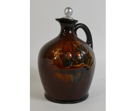 Royal Doulton Kingsware Whisky Flask: Royal Doulton Kingsware Dewars whisky flask "Mr Pickwick proposes a toast" with later s