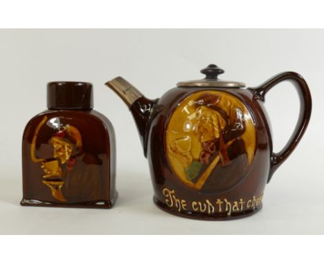 Royal Doulton Kingsware Teapot &amp; Caddy: Royal Doulton Kingsware teapot "The cup that cheers" with hallmarked silver lid a