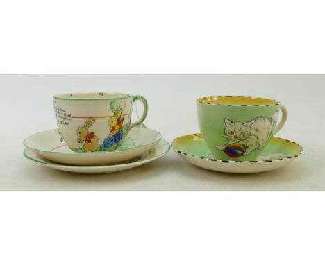 Burleigh 'Pussy' cup &amp; saucer + 1 other: Two cups &amp; saucers - one by Burleigh, possibly designed by Charlotte Rhead, 