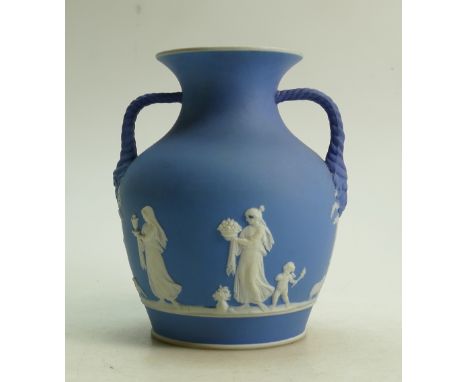 19th century Wedgwood dip Jasper Portland vase: Wedgwood Portland vase in light and dark blue dip Jasperware, height 18cm.