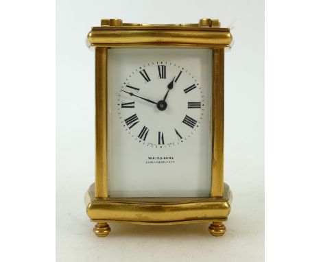 Carriage Clock timepiece: French standard size brass carriage clock, no key, but using a spare key, it winds and ticks. 15cm 
