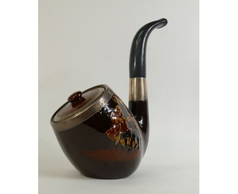 Royal Doulton Kingsware Tobacco Jar as a Pipe: Royal Doulton Kingsware tobacco jar as large pipe with silver mounts decorated