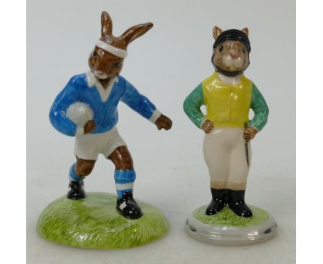 Royal Doulton Bunnykins figures Jockey and Rugby Player: Jockey DB169 and Rugby Player DB318 both with certs (2)