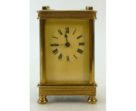 Carriage Clock timepiece: French standard size brass carriage clock, no key, not working. 16cm to top of handle.
