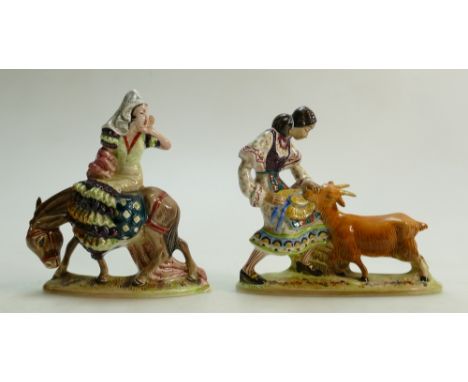 Beswick figure Girl with Goat Eating Hat: Model number 1238 (restuck horn) together with similar Girl on Donkey (2)