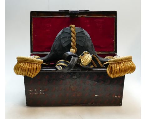 Naval officers Hat Epaulettes &amp; Belt in original tin trunk by Gieves: A cased antique Naval officers Hat, Epaulettes (epa