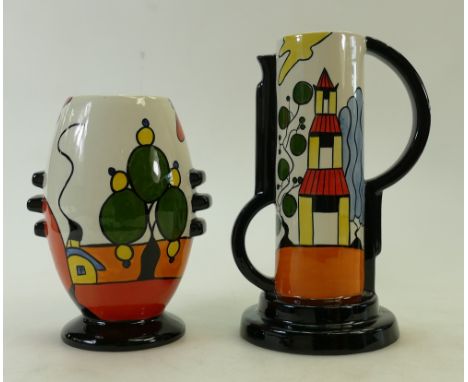 Lorna Bailey Vases: Lorna Bailey two handled vase decorated in the Pagoda Garden design and another vase decorated in the Mar