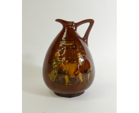 Royal Doulton Kingsware Whisky Flask: Royal Doulton Kingsware whisky flask Squire drinking tavern scene, marked "Greenlees Br