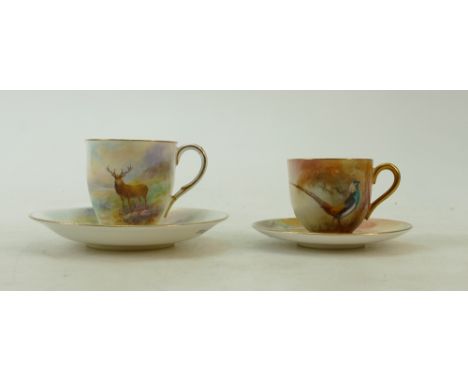 Royal Worcester coffee cans and saucers: Royal Worcester coffee can and saucer decorated with stags (cup handle re stuck) and