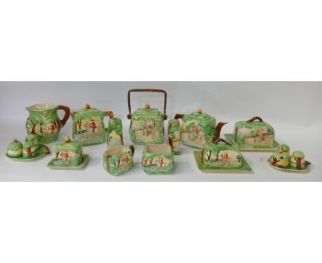 Beswick 1930s embossed Hunting set: Beswick embossed ware set decorated with hunting scenes including tea pots, cruets, sifte