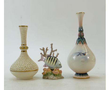 Royal Worcester items: Royal Worcester vase hand painted with swallows, Grainger Pierced reticulated vase and model of a fish