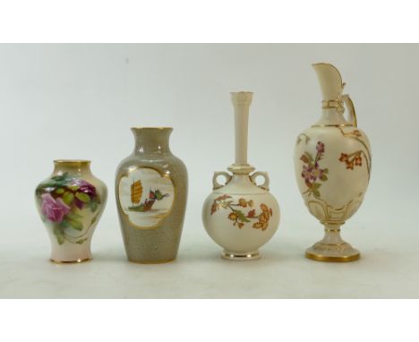 Royal Worcester blush Ivory Ware: Royal Worcester blush ivory ewer decorated with flowers, height 21.5cm (small chip to handl