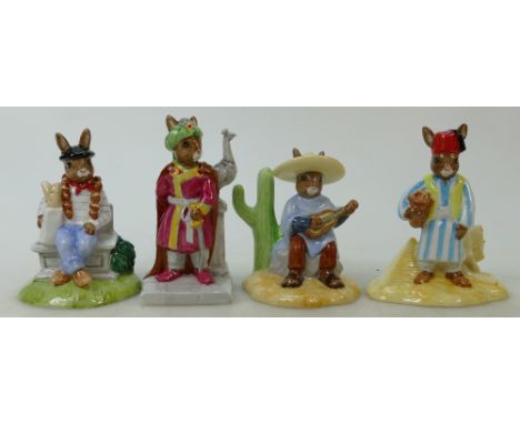 Royal Doulton Bunnykins figures Parisian: DB317, Arabian Nights DB315, Mexican DB316 and Egyptian DB314. All boxed with certi