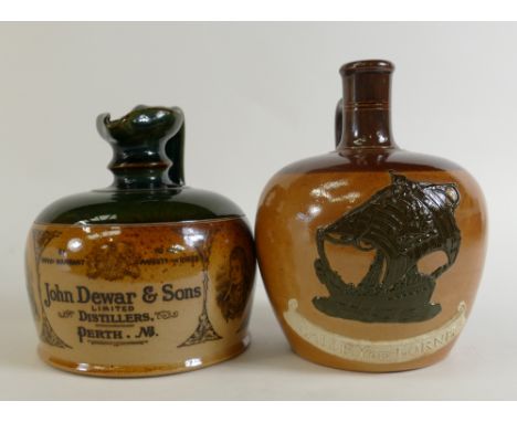 Doulton Scotch Whisky Flasks: Doulton Lambeth Scotch whisky flask Galley Of Lorne, height 16cm and a smaller John Dewar &amp;