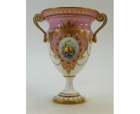 Royal Worcester hand painted Vase: Royal Worcester partial pink ground vase with hand painted fruit panel signed by Hawkins. 