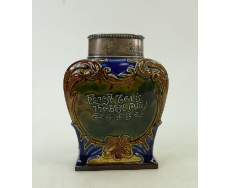 Doulton Lambeth Stoneware Tea Caddy: 19th century Doulton Lambeth Stoneware tea caddy with silver rim, lid and centre shield 
