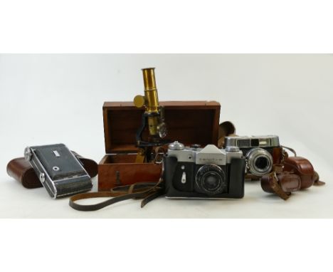 Brass Microscope &amp; 3 cameras: Brass microscope in damaged mahogany box, &amp; 3 cameras Balda fixfocus, Zenith-B &amp; Vo