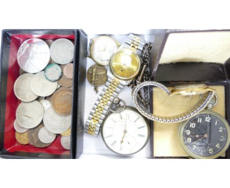 A collection of Gents vintage Watches coins etc: Gents vintage military pocket watch, Silver pocket watch, various wristwatch