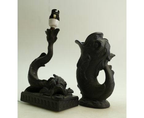 Wedgwood Black Basalt Sea Serpent Candlestick and a Gluggle Jug: Candlestick converted onverted to a lamp base with damage to