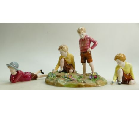 Crown Staffordshire figure model of Young Boy and Kneeling Girl and two other figures: Young Boy and Kneeling Girl, together 