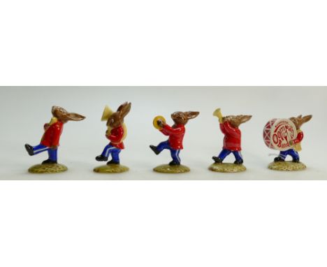 Royal Doulton Bunnykins Figures from the Oompah Band: Figures in a red colourway comprising Sousaphone DB23, Trumpet DB24, Cy