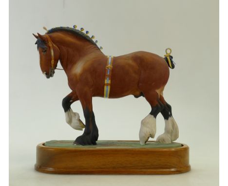 Royal Worcester model of Shire Stallion: Royal Worcester model of Shire Stallion modelled by Doris Lindner on wood base with 