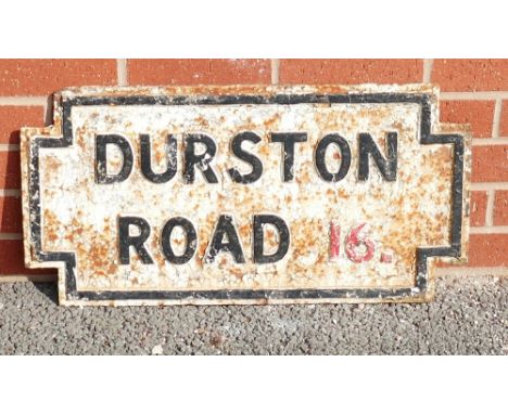 1920s cast iron Street Sign: Vintage cast iron street sign "Durston Road 16", 24 x 37cm.