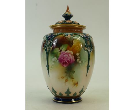 Royal Worcester hand painted Vase &amp; cover: Royal Worcester vase &amp; reticulated lid, hand painted with roses by J Lande